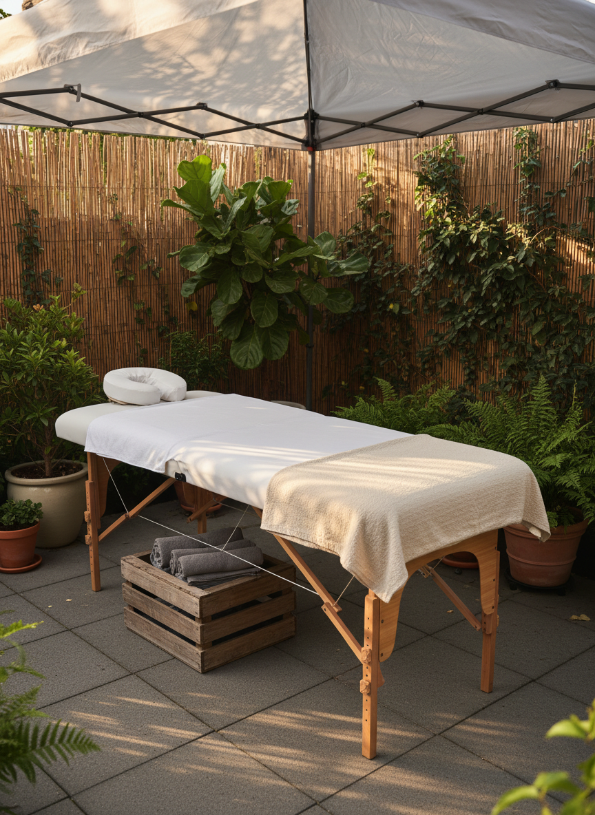 A detailed, photographic realism image of a portable massage table set up outdoors on a private, enclosed patio, suggesting flexible mobile service locations. The table is covered with a crisp, white fitted sheet and neutral-toned blanket, with a closed, plain storage crate underneath holding folded linens. Surrounding the table are potted green plants and a privacy screen, with a simple, collapsible canopy casting soft shade. Late-afternoon natural light filters through the canopy, creating dappled, gentle highlights on the table surface and soft shadows on the stone patio tiles. Shot from a slightly elevated angle using the rule of thirds, the composition balances the table with the lush greenery, creating a peaceful, rejuvenating mood while emphasizing adaptability and professionalism in varied environments.