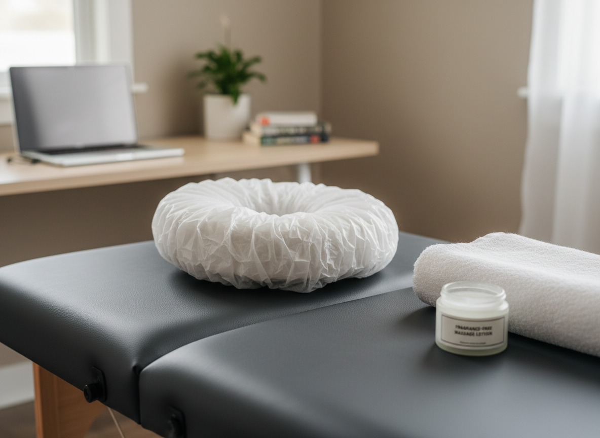 A close-up, photographic realism shot of a massage table surface setup emphasizing accessibility and inclusivity: an adjustable face cradle with a memory-foam cushion covered in a hypoallergenic, disposable cover, beside a folded towel and a small, clearly labeled jar of fragrance-free lotion. The table’s vinyl upholstery is dark charcoal with a matte finish, suggesting durability and easy cleaning. The background shows a blurred, uncluttered home office converted into a treatment area, with a laptop closed on a distant desk and a quiet, neutral color palette. Soft, diffused daylight from a side window creates gentle highlights on the materials and subtle shadows along the table edge. The composition uses shallow depth of field and a slightly angled top-down perspective, conveying clinical-level care in a warm, everyday environment.