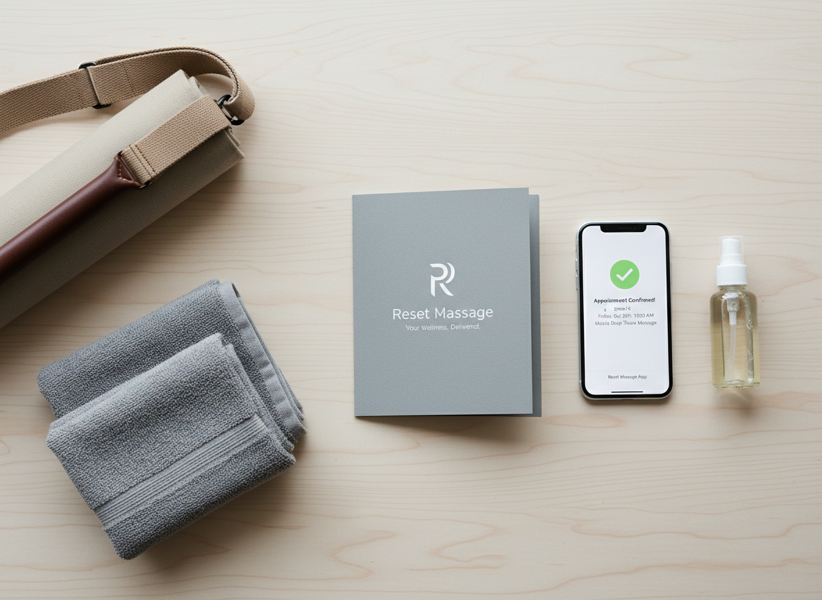 A minimalist, photographic realism flat-lay composition of mobile massage branding items arranged on a light wooden surface: a folded, portable massage table brochure featuring a simple, modern logo for “Reset Massage,” an unbranded smartphone displaying a clear appointment booking confirmation screen, a small bottle of unscented massage oil, and a neatly stacked pair of soft gray hand towels. A subtle, rolled carrying strap for a massage table peeks in from the edge, hinting at mobility. Soft, overhead natural light from a nearby window creates gentle, even illumination with delicate shadows. The mood is clean, organized, and professional, emphasizing the ease of booking inclusive mobile massage services. The framing is top-down, with balanced spacing and plenty of negative space for a modern, trustworthy aesthetic.