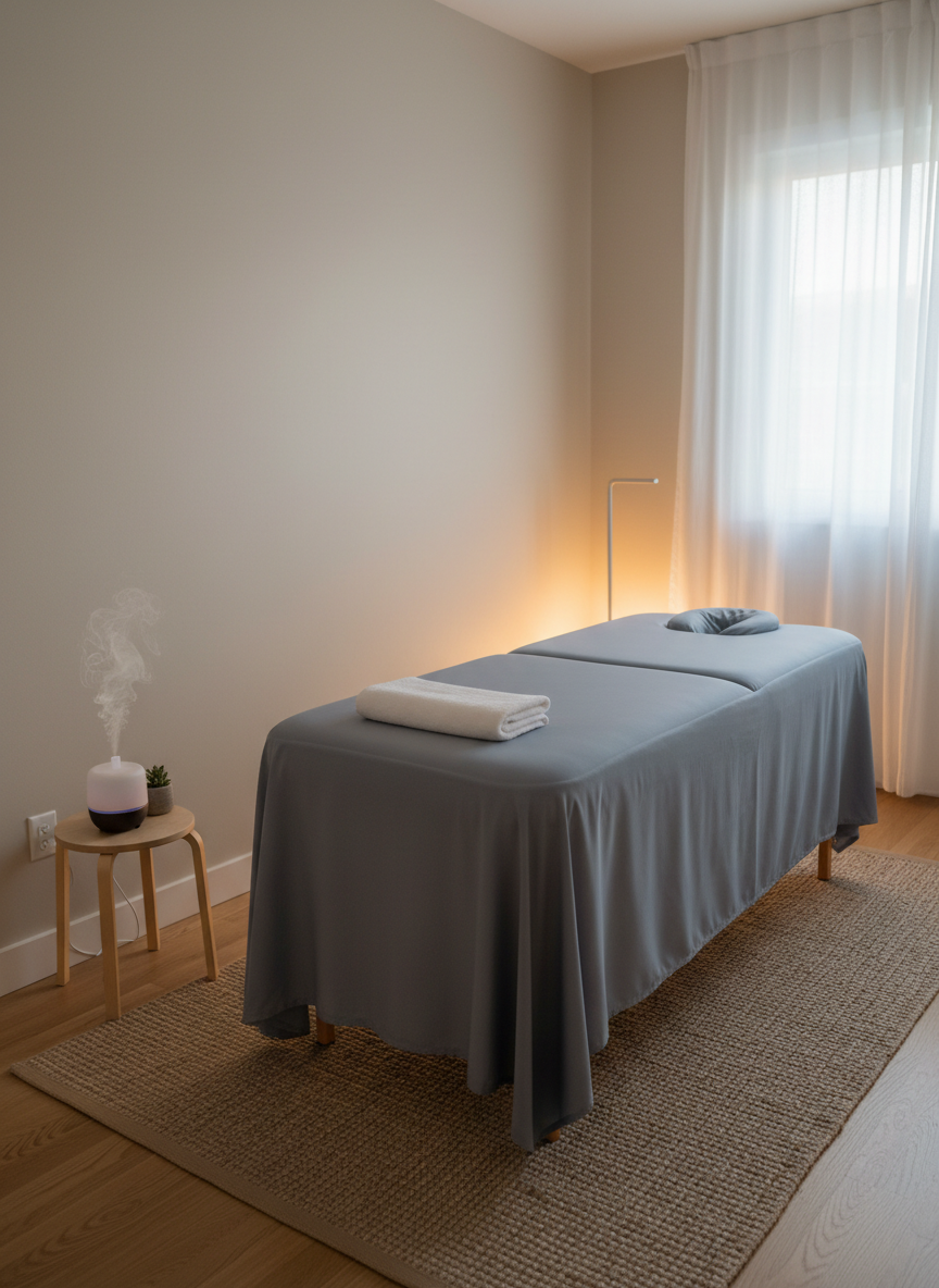 A serene corner of a home transformed into a temporary massage space: a portable massage table draped in a smooth, slate-gray fitted sheet and matching face cradle cover, with a single, neatly folded white towel at the head. A small, battery-powered diffuser sits on a low, wooden side stool, emitting a barely visible mist near a closed, unbranded essential oil bottle. The walls are neutral beige, with no artwork, creating a distraction-free environment. Warm, indirect lamp light and soft evening window light blend together, creating a cozy, tranquil atmosphere with gentle shadows. Photographic realism, composed using the rule of thirds from an eye-level angle, highlighting the adaptable, inclusive, and calming nature of mobile massage therapy in any home setting.