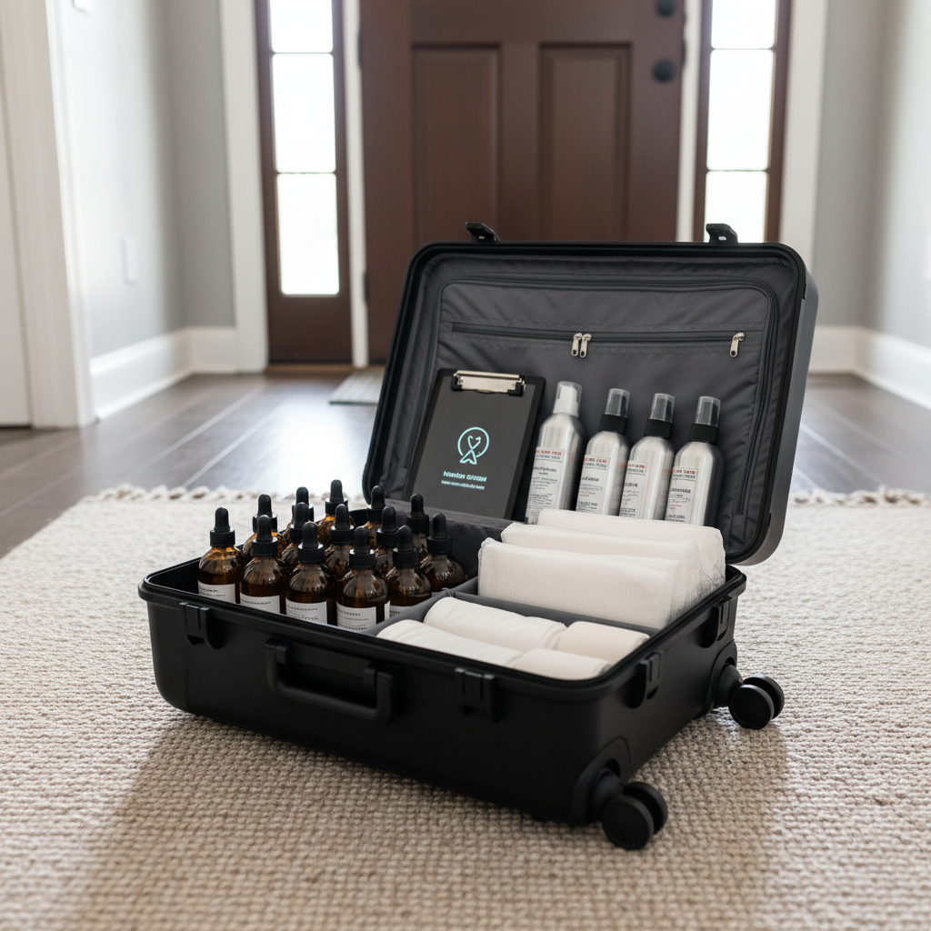 A compact, professional massage therapist’s mobile kit carefully organized in an open, sleek black wheeled case placed on a clean, neutral-toned rug. Inside, neatly arranged bottles of high-quality unscented oils, sanitizing sprays, folded disposable face cradle covers, and a digital clipboard with a visible intake form icon demonstrate meticulous care. The environment is a tidy, contemporary hallway with soft gray walls and a closed front door in the background, suggesting arrival at a client’s home. Soft overhead lighting combined with diffused daylight from an unseen side window creates balanced, even illumination. Photographic realism, captured from a slightly elevated angle with sharp focus throughout, emphasizing order, hygiene, and professionalism in mobile massage therapy.