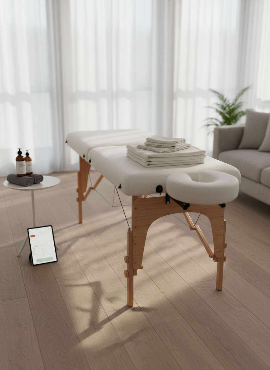 A neatly folded set of plush, white massage linens resting on a portable massage table with a face cradle, all in pristine condition. The table is set up in a bright, modern living room with light oak flooring and minimal decor: a small side table holds unscented massage oil bottles, a digital tablet with a professional booking app screen, and a neatly rolled gray towel. Soft, natural daylight filters through sheer curtains, creating a calm, diffused glow and gentle shadows. Photographic realism with a clean, professional aesthetic, shot at eye level with a shallow depth of field that keeps the table in sharp focus while the home setting fades into a subtle, welcoming blur, conveying the comfort of mobile massage brought directly into a client’s space.