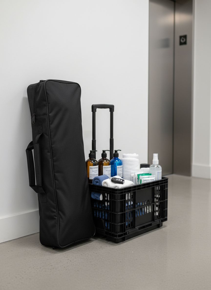 A carefully arranged, photographic realism scene showing a massage therapist’s mobile setup ready to leave: a folded, lightweight massage table in a sleek, dark carrying case leaning against a clean white wall, next to a compact, organized rolling crate containing labeled bottles, folded linens, and sanitizing supplies. A simple, unbranded car key fob rests on top of the crate, hinting at travel. The floor is smooth, light concrete, and the setting feels like a residential building lobby with a subtle hint of an elevator door frame in the background. Overhead, neutral lighting creates clear, even visibility with soft shadows at the base of objects. Framed at eye level with moderate depth of field, the image conveys readiness, mobility, and dependable professionalism for in-home massage therapy services.